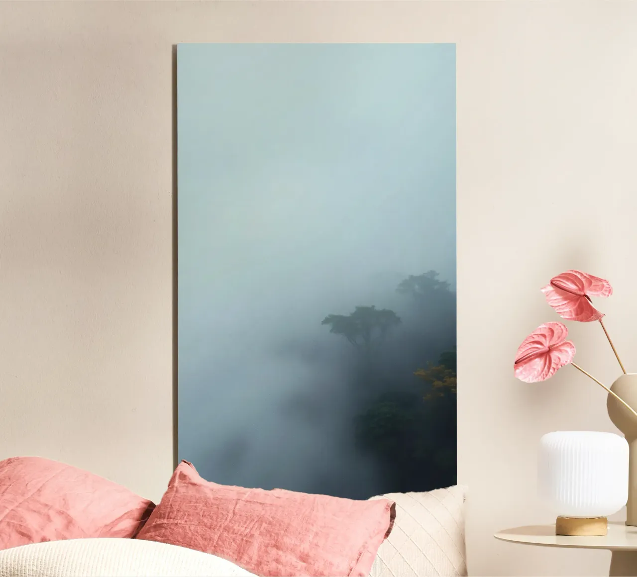 Misty forest landscape with trees emerging through fog alu-dibond by DesignDoodle
