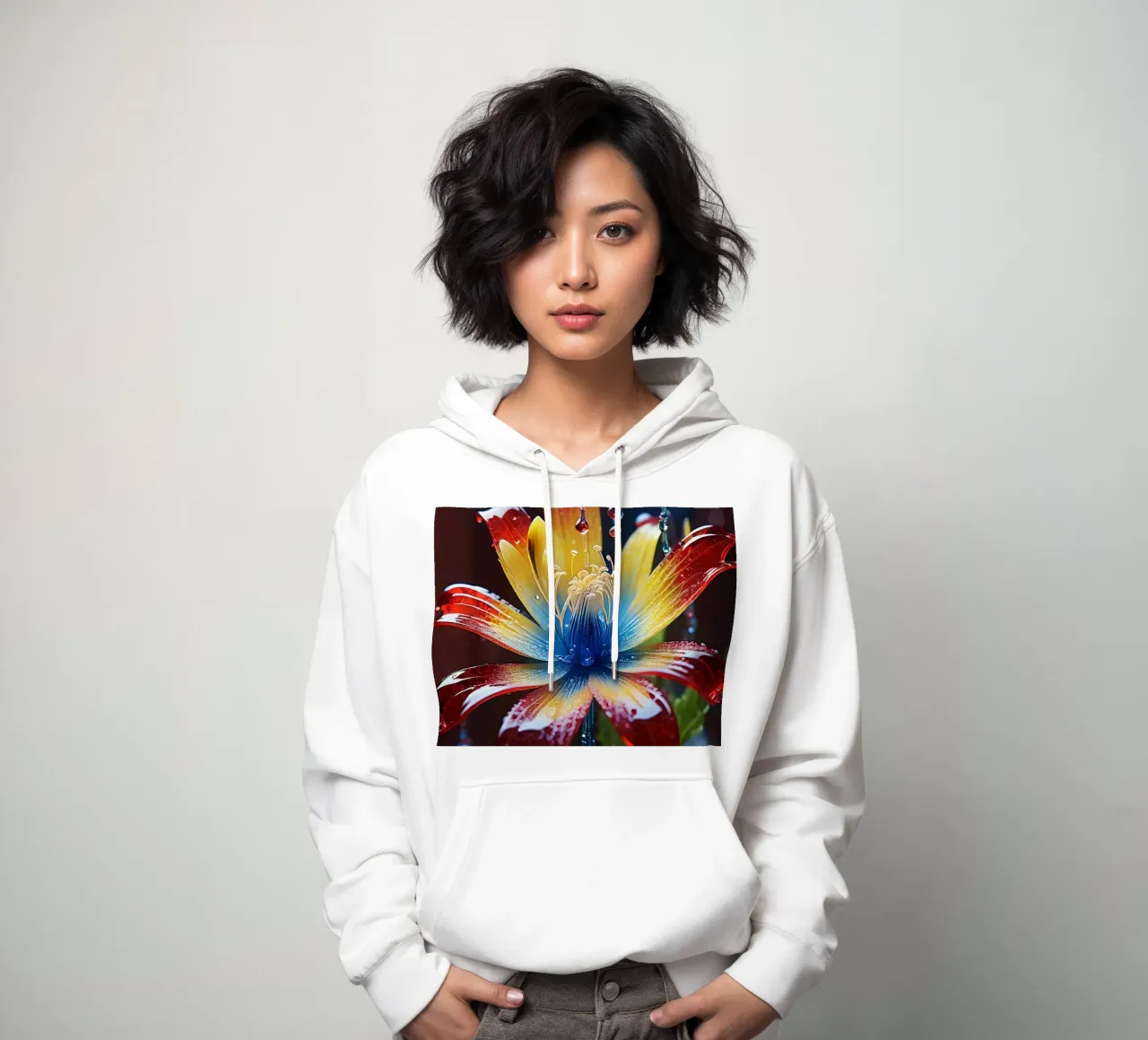 Un fiore vivace con petali di colore rosso, giallo e blu. felpa con cappuccio da DesignDoodle