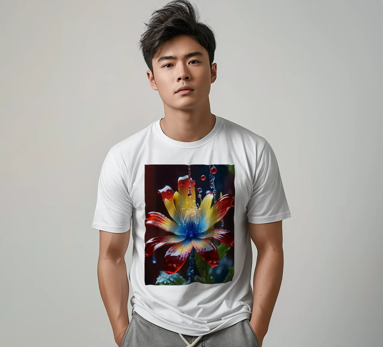 Un fiore vivace con petali di colore rosso, giallo e blu. t-shirt da DesignDoodle