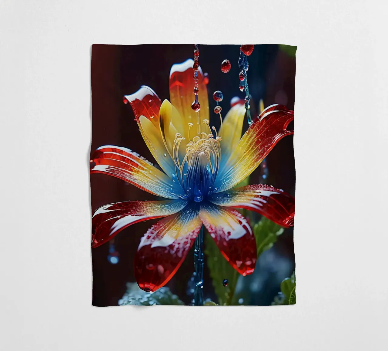 Un fiore vivace con petali di colore rosso, giallo e blu. coperta in pile da DesignDoodle