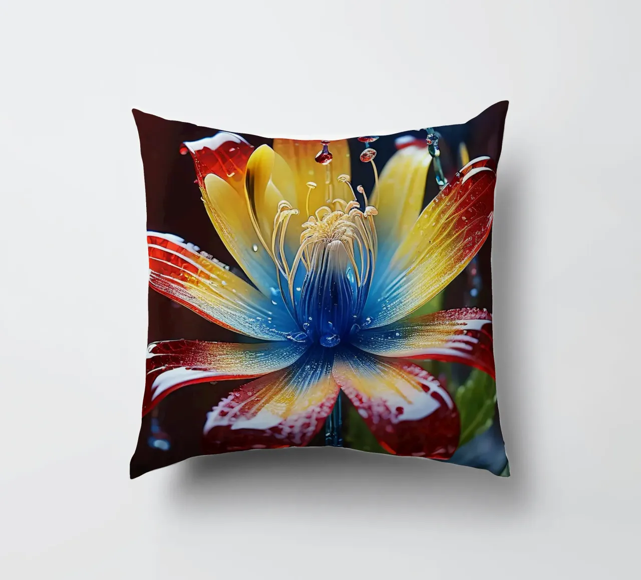Un fiore vivace con petali di colore rosso, giallo e blu. cuscino da DesignDoodle