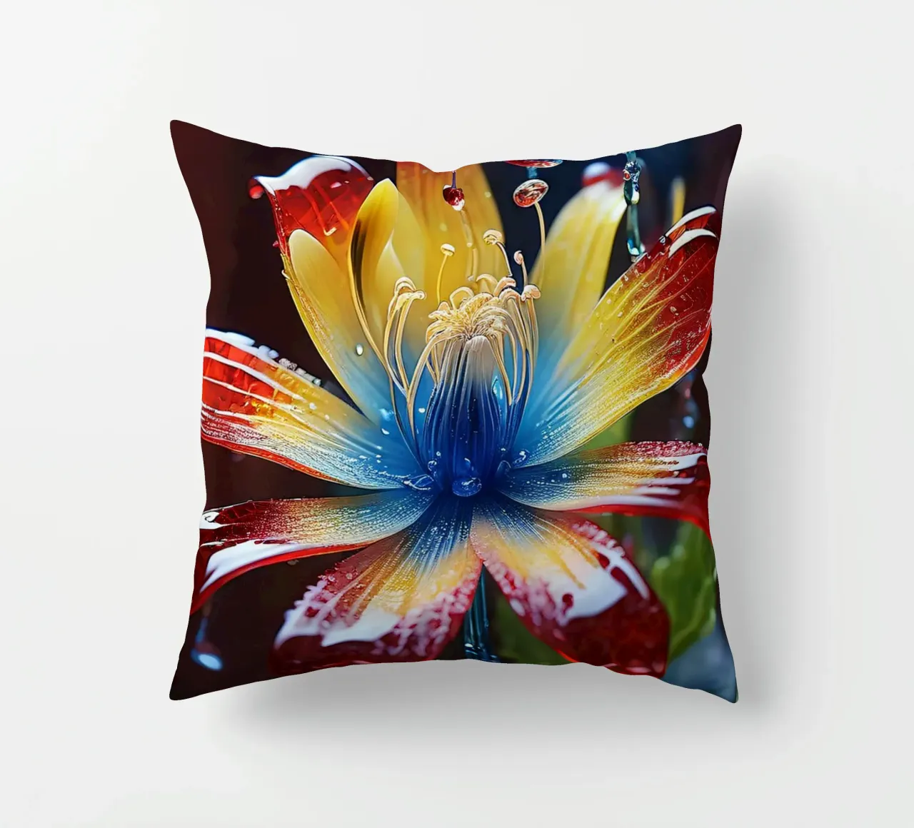 Un fiore vivace con petali di colore rosso, giallo e blu. cuscino da DesignDoodle