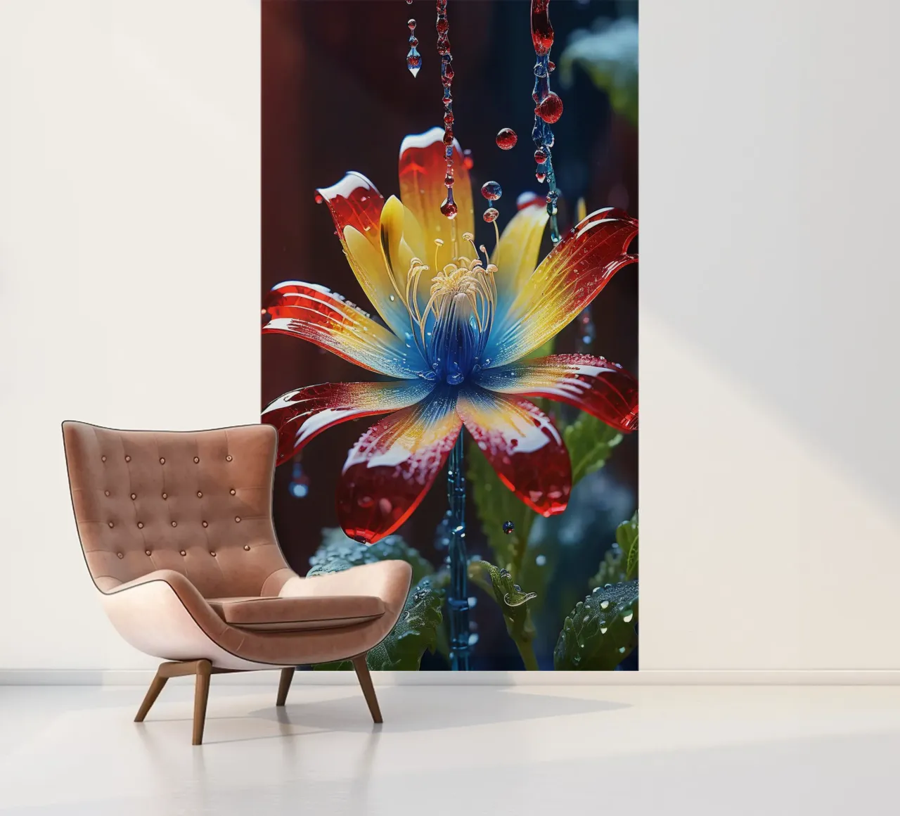 A vibrant flower with striking red, yellow, and blue petals photo wallpaper by DesignDoodle