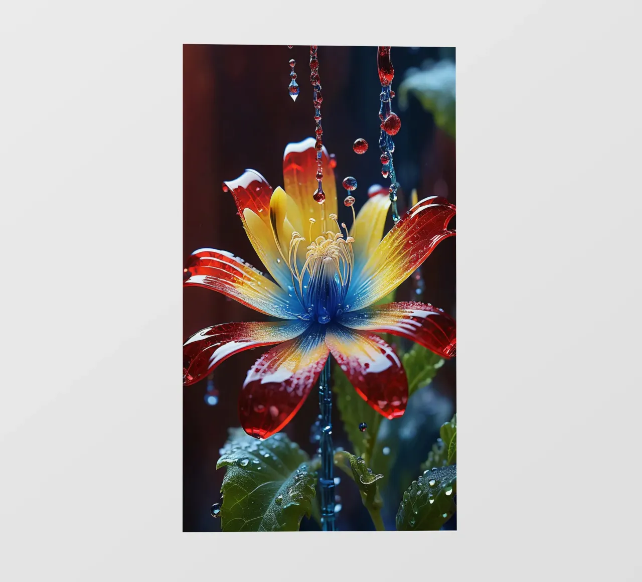 A vibrant flower with striking red, yellow, and blue petals photo wallpaper by DesignDoodle