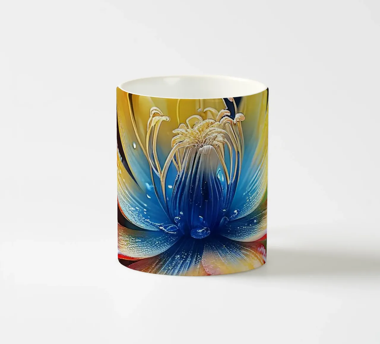 Un fiore vivace con petali di colore rosso, giallo e blu. tazza in ceramica da DesignDoodle