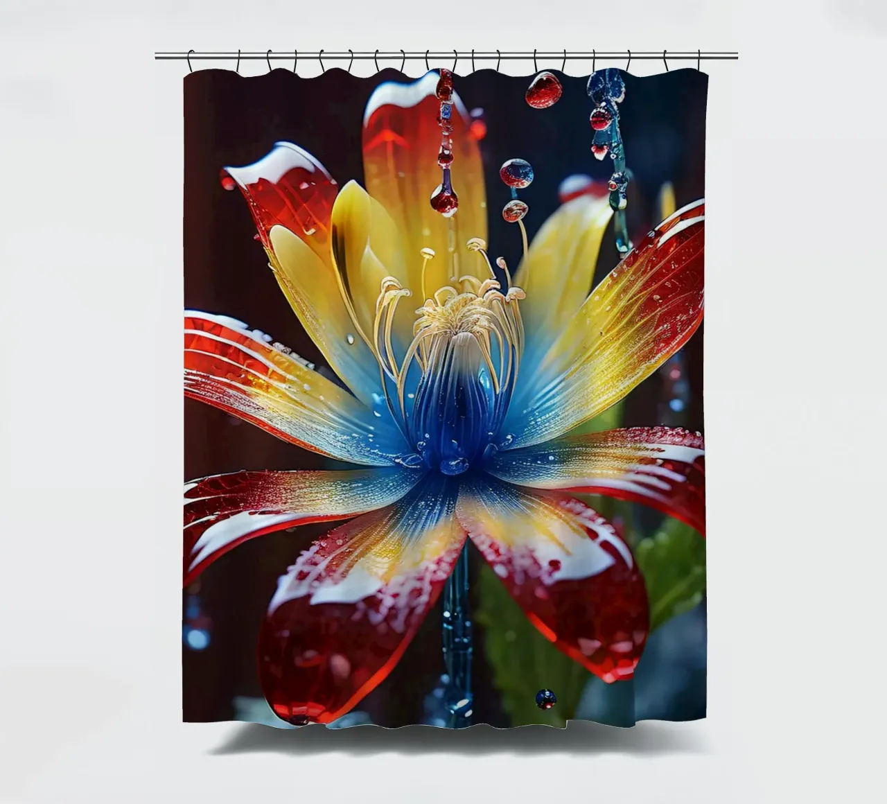 A vibrant flower with striking red, yellow, and blue petals shower curtain by DesignDoodle