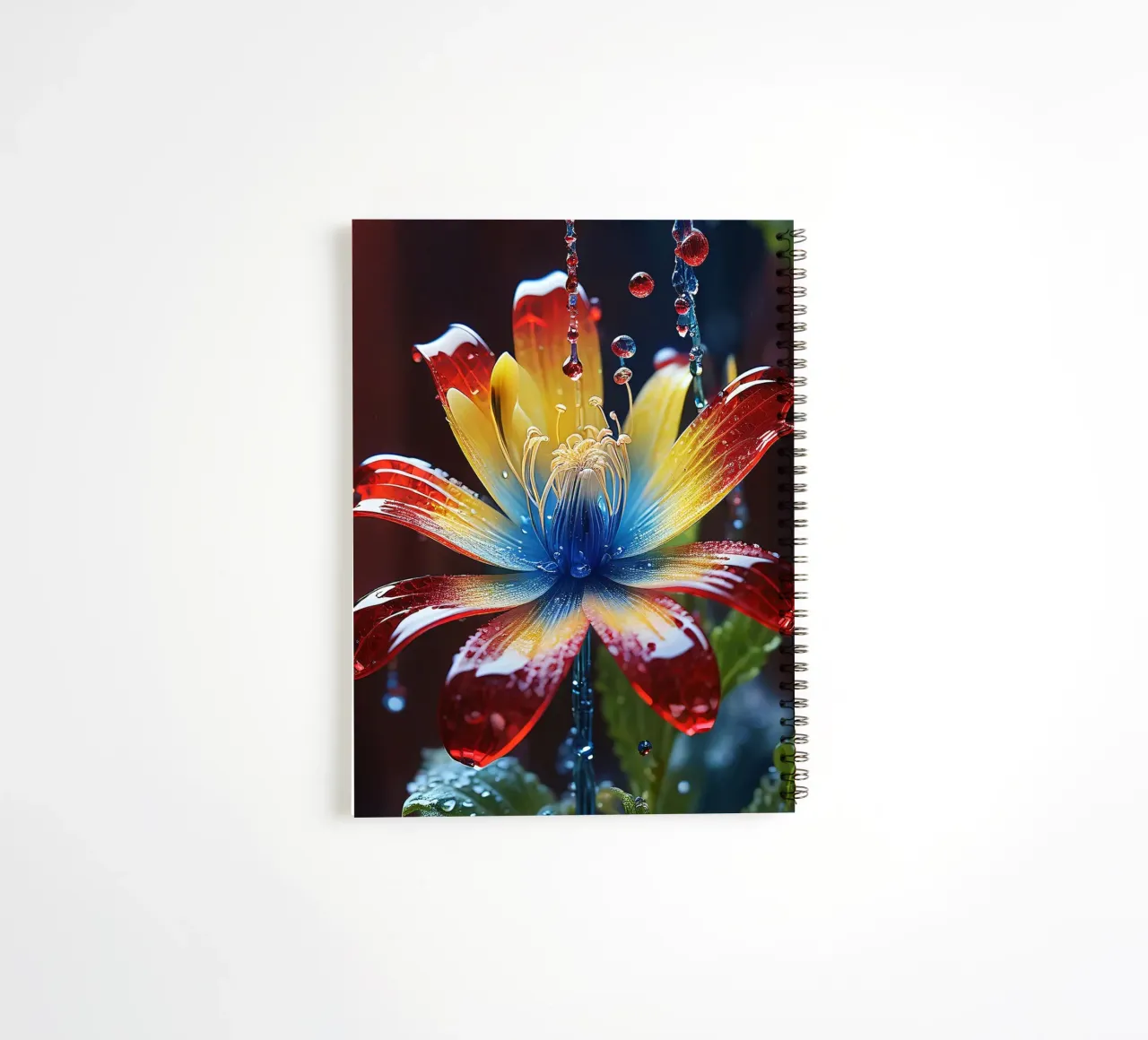 A vibrant flower with striking red, yellow, and blue petals spiral notebook by DesignDoodle