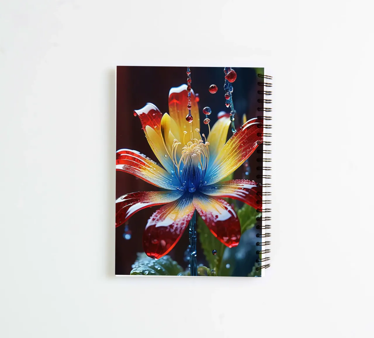 A vibrant flower with striking red, yellow, and blue petals spiral notebook by DesignDoodle