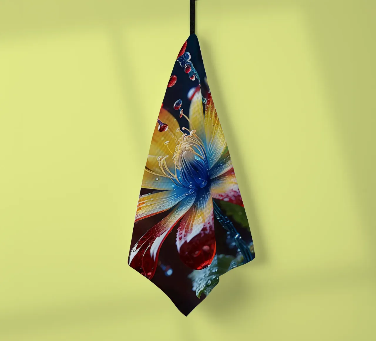 Een levendige bloem met opvallende rode, gele en blauwe bloemblaadjes theedoek van DesignDoodle
