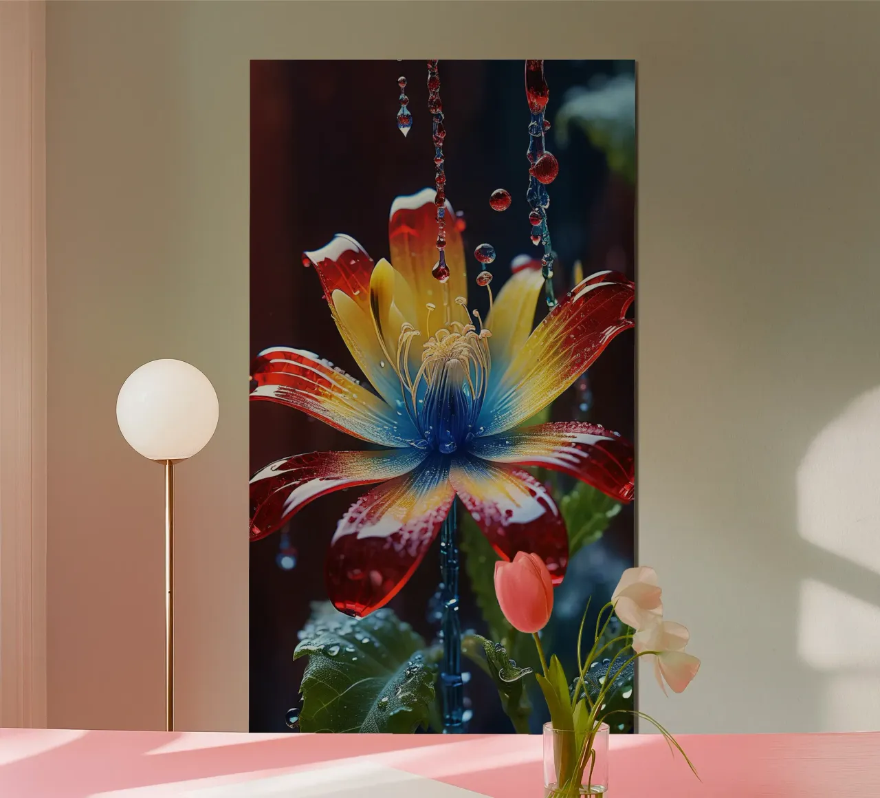 A vibrant flower with striking red, yellow, and blue petals poster by DesignDoodle