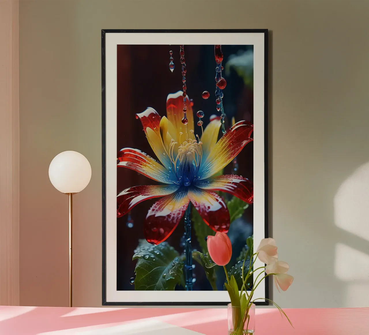 A vibrant flower with striking red, yellow, and blue petals poster by DesignDoodle