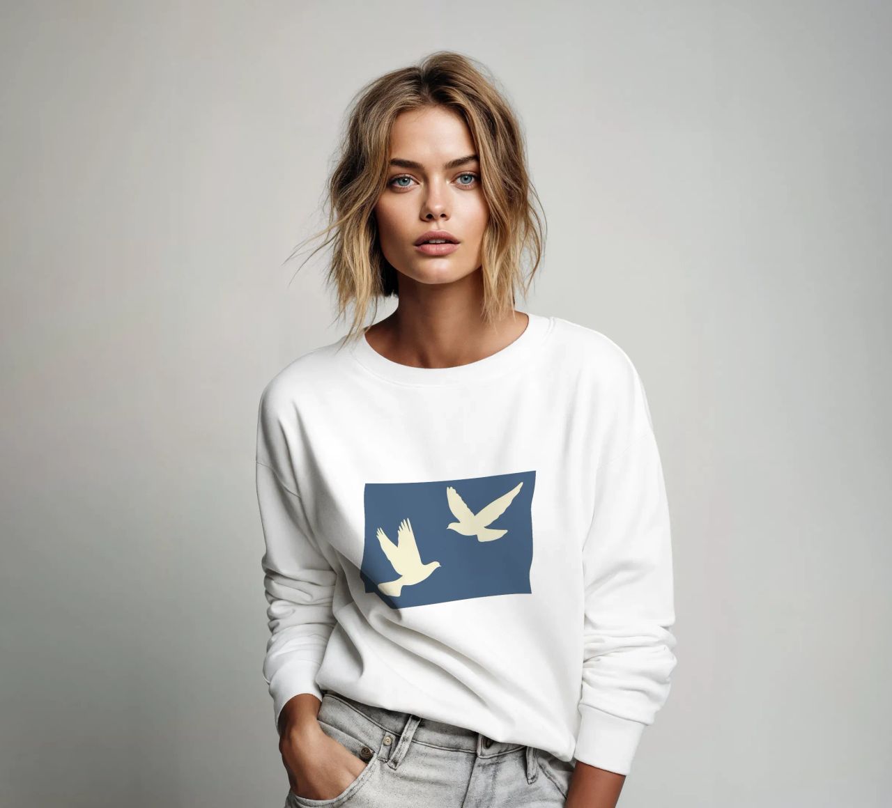 Minimal Zwei weiße Tauben im Flug Sweatshirt von Karraker