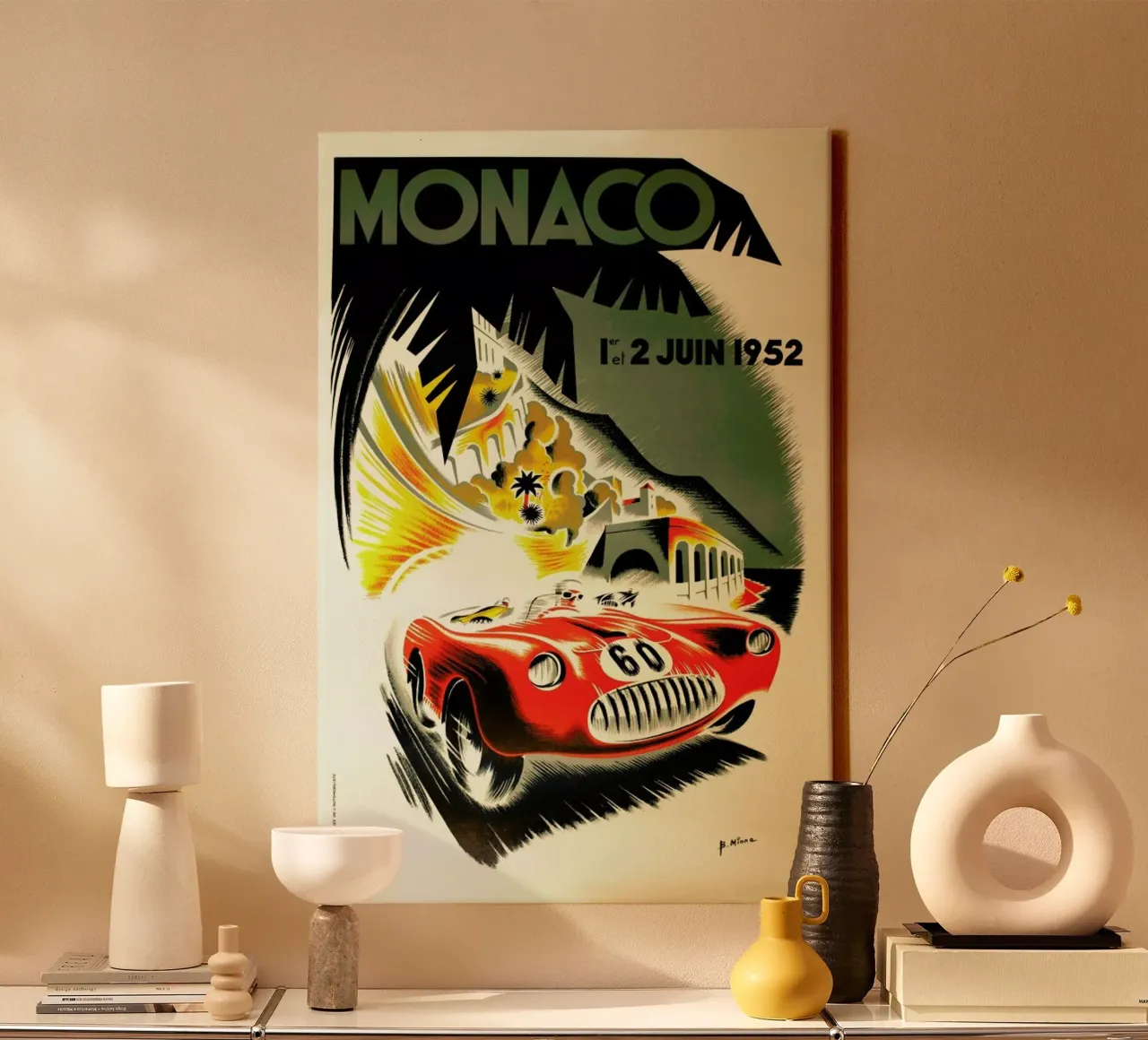 Vintage Monaco 1 June 1952 canvas met Baklijst van Gallery Print and Art Limited