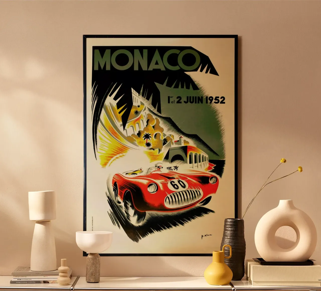 Vintage Monaco 1 June 1952 poster con telaio in legno da Gallery Print and Art Limited