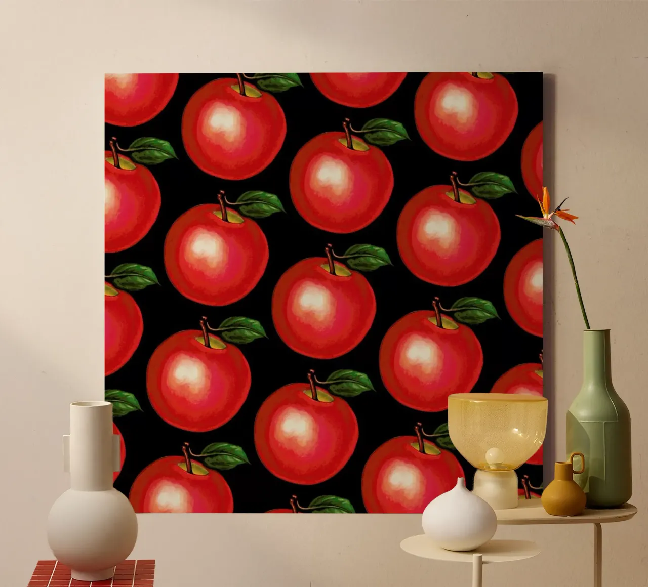 Lunch Patterns Apple Black tela con Cornice a cassetta da Kelly Gilleran