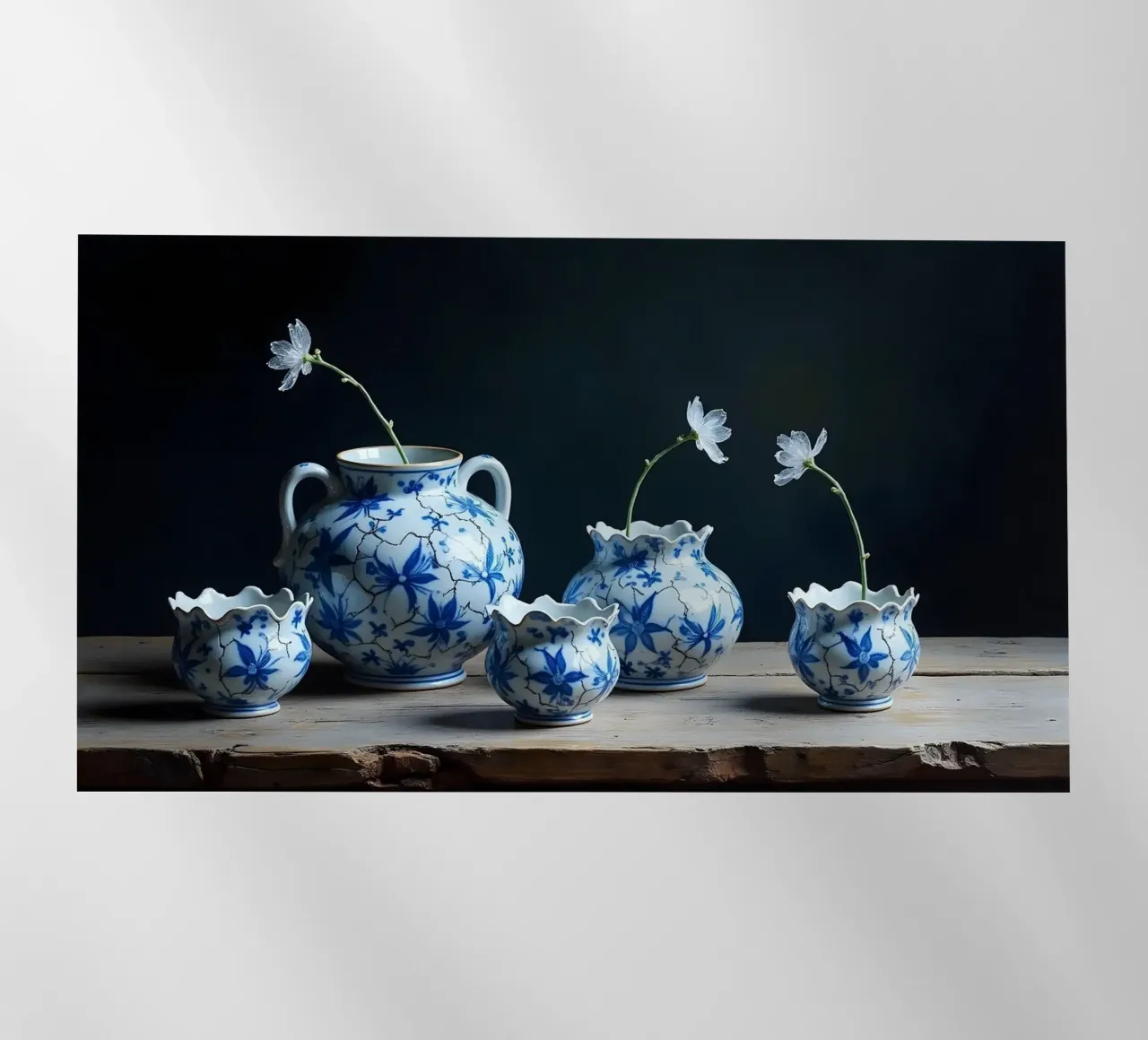 Bodegón azul de Delft con jarrones y flores heladas lámina retroiluminada de Hai Maivory