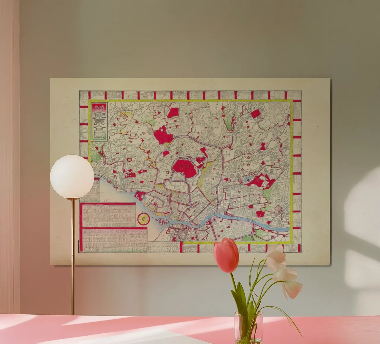 Woodblock Map Of Tokyo, Japan poster con telaio in legno da Artokoloro Quint Lox Ltd