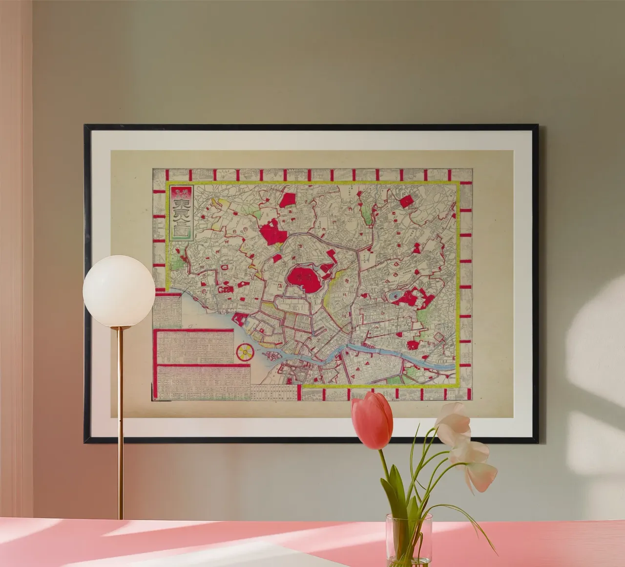 Woodblock Map Of Tokyo, Japan poster con telaio in legno da Artokoloro Quint Lox Ltd