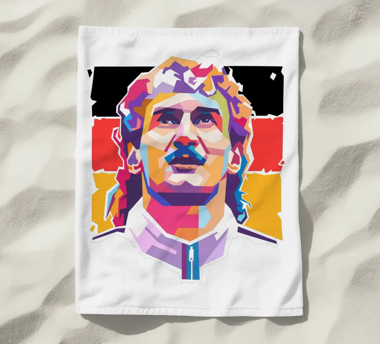 Ritratto pop art di Rudy Voler telo mare da Hantamrata