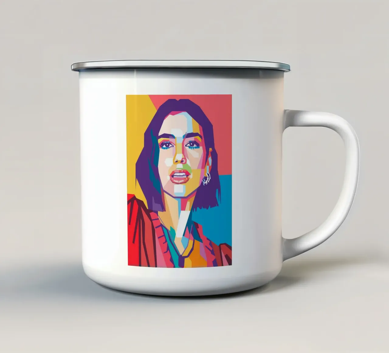 Ritratto pop art di Dua Lipa tazza in smalto da Hantamrata