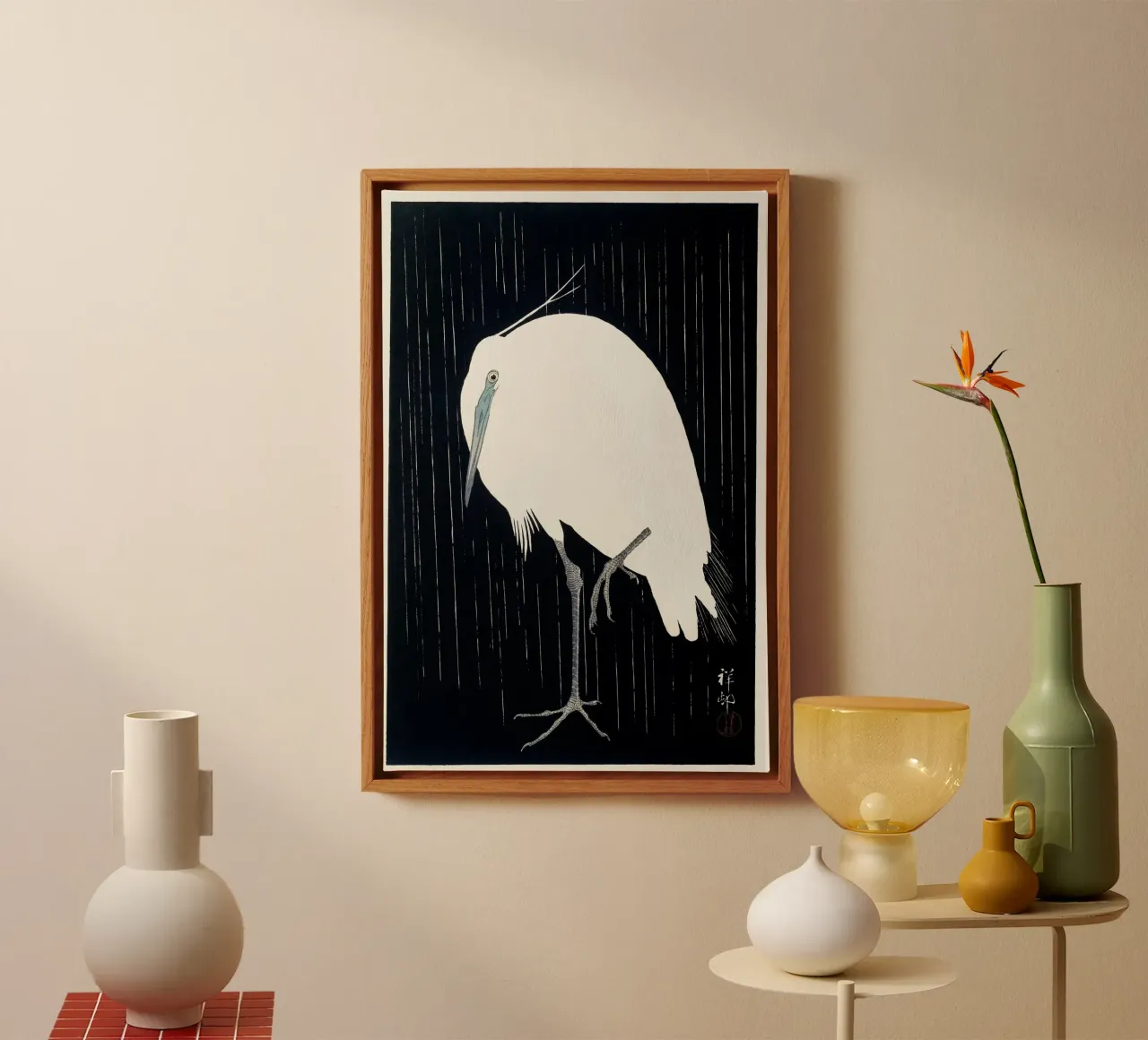 Ohara Koson - Egretta nella pioggia tela con Cornice a cassetta da Old Masters