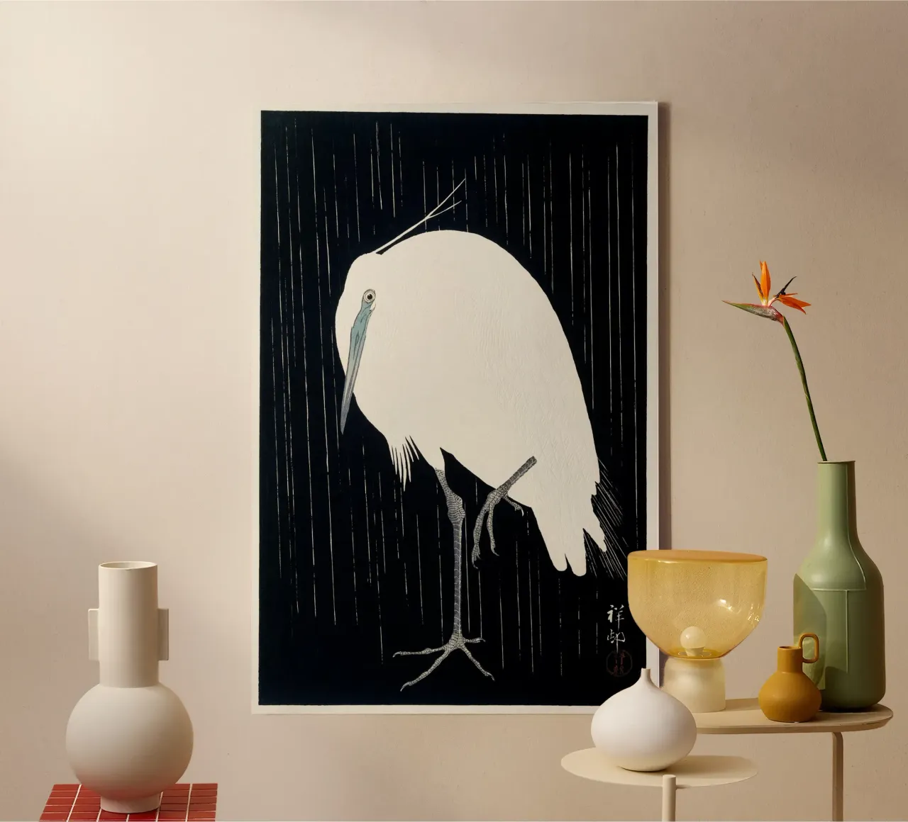Ohara Koson - Egretta nella pioggia tela con Cornice a cassetta da Old Masters