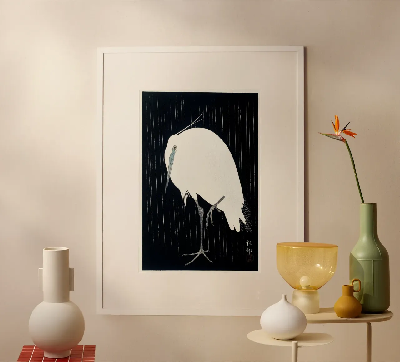 Ohara Koson - Egretta nella pioggia carta hahnemühle da Old Masters