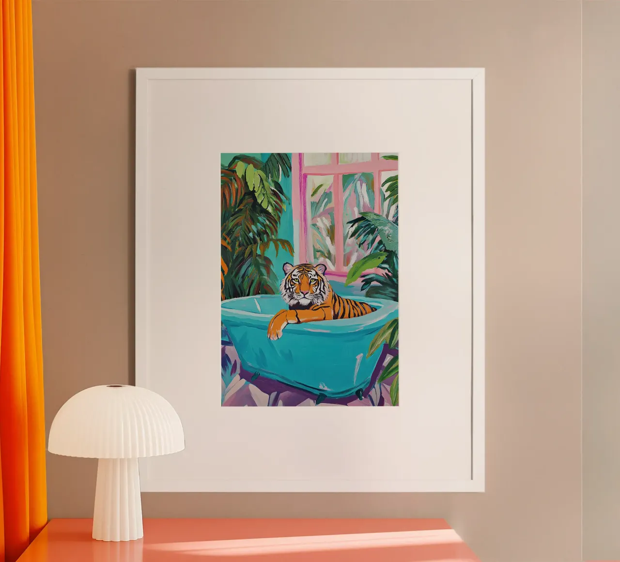 La tigre in bagno poster con telaio in alluminio da Nikis Art Studio