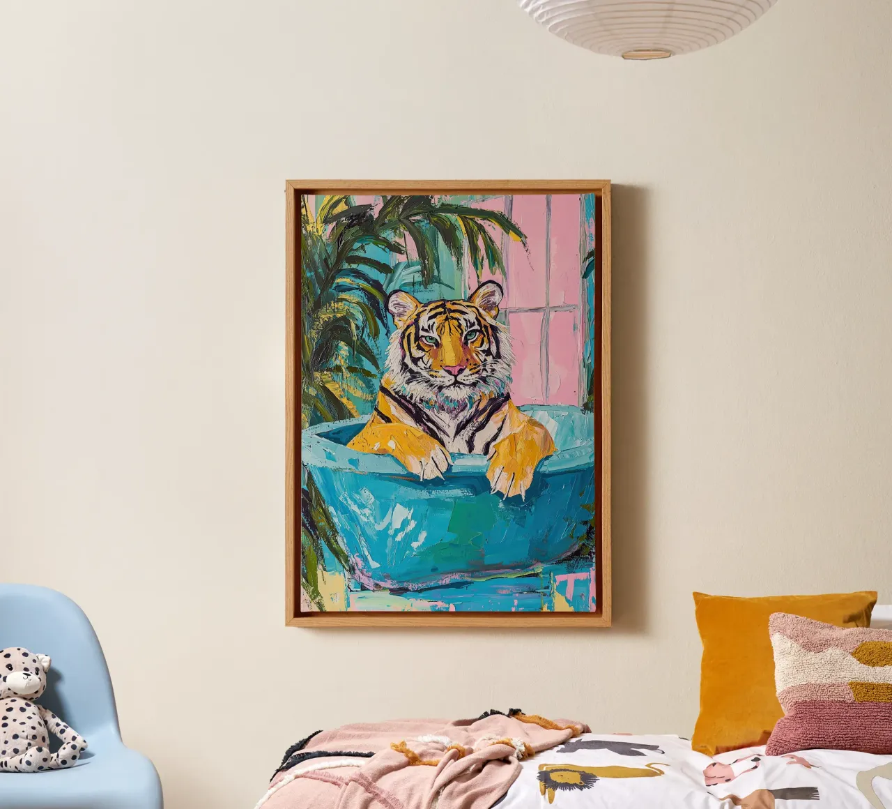 Tijger in bad canvas met Baklijst van Nikis Art Studio