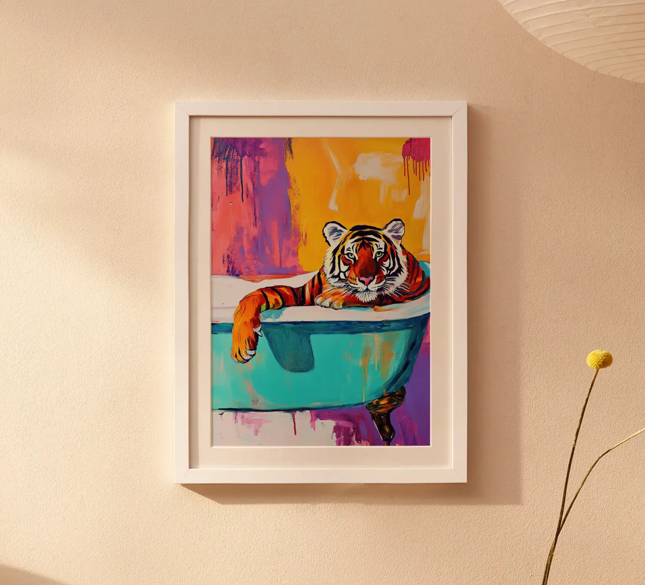 La tigre in bagno poster con telaio in plastica da Nikis Art Studio