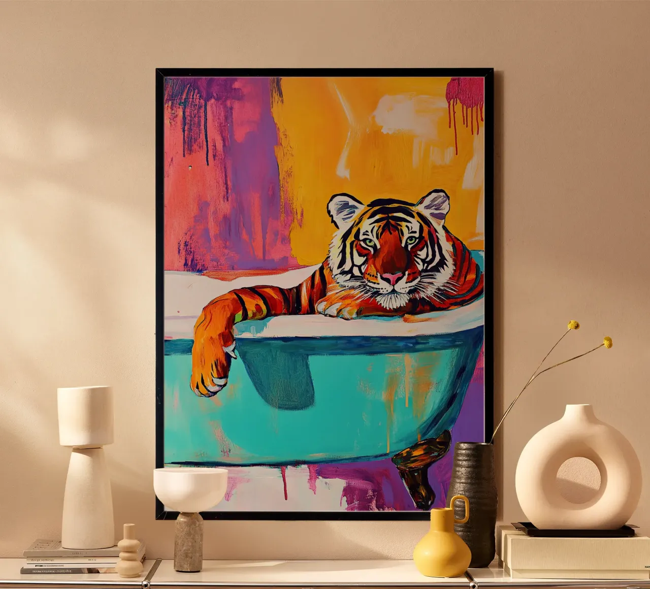 La tigre in bagno poster con telaio in plastica da Nikis Art Studio