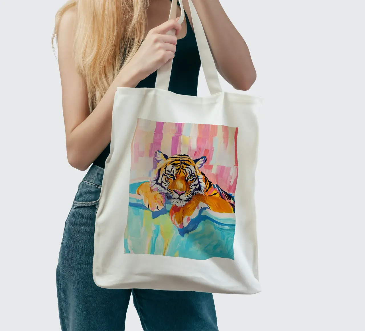 Tijger in bad jute draagtas van Nikis Art Studio