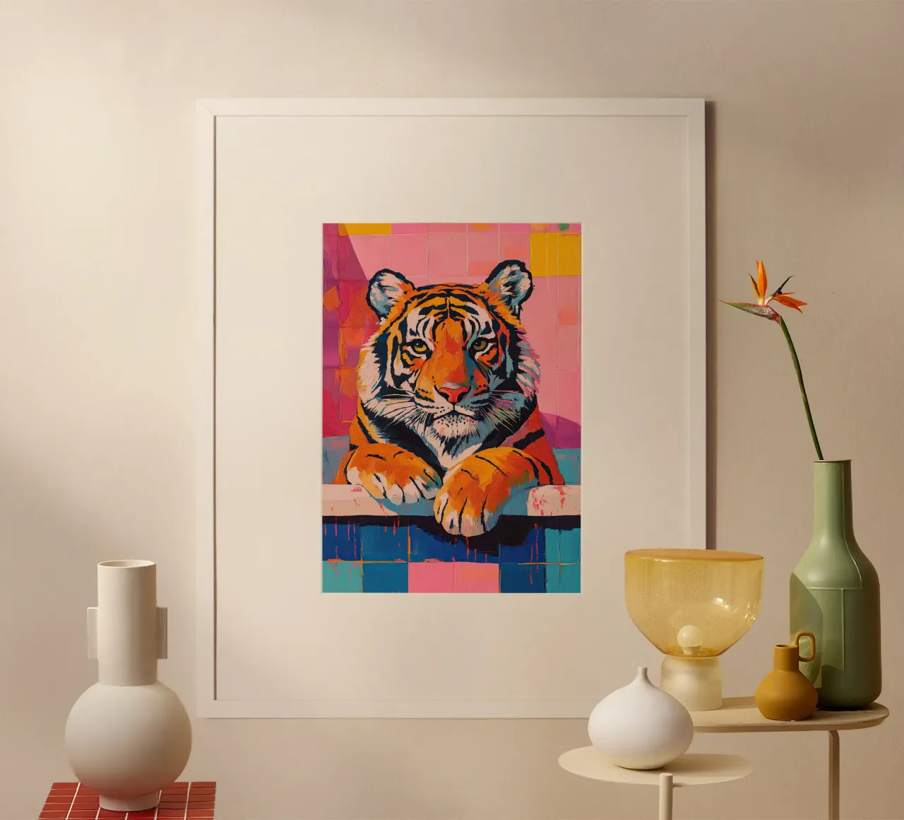 La tigre in bagno poster con telaio in legno da Nikis Art Studio