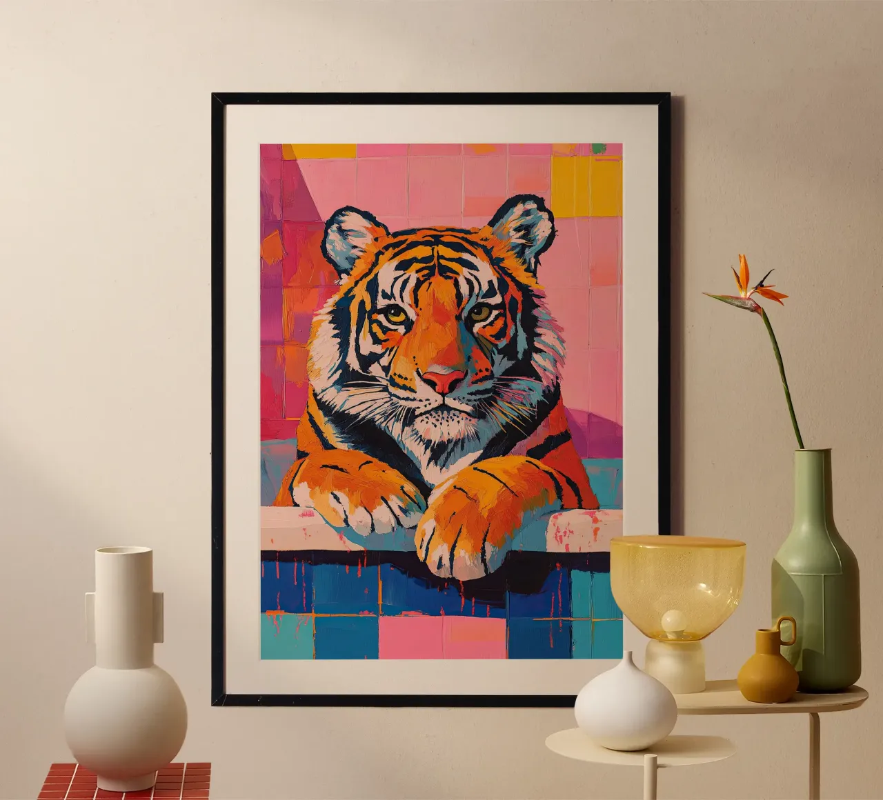 La tigre in bagno poster con telaio in legno da Nikis Art Studio