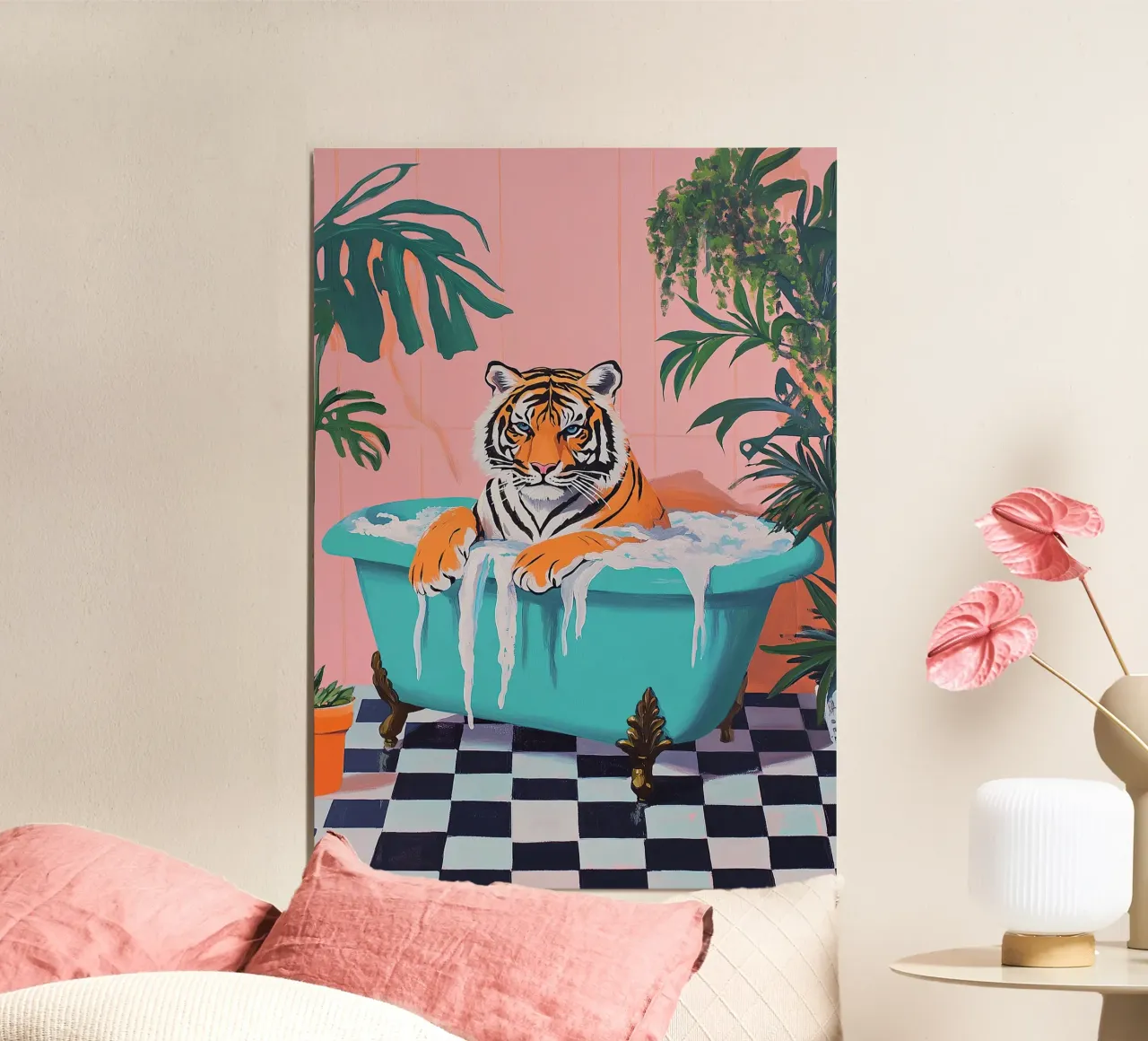 La tigre in bagno poster con telaio in legno da Nikis Art Studio