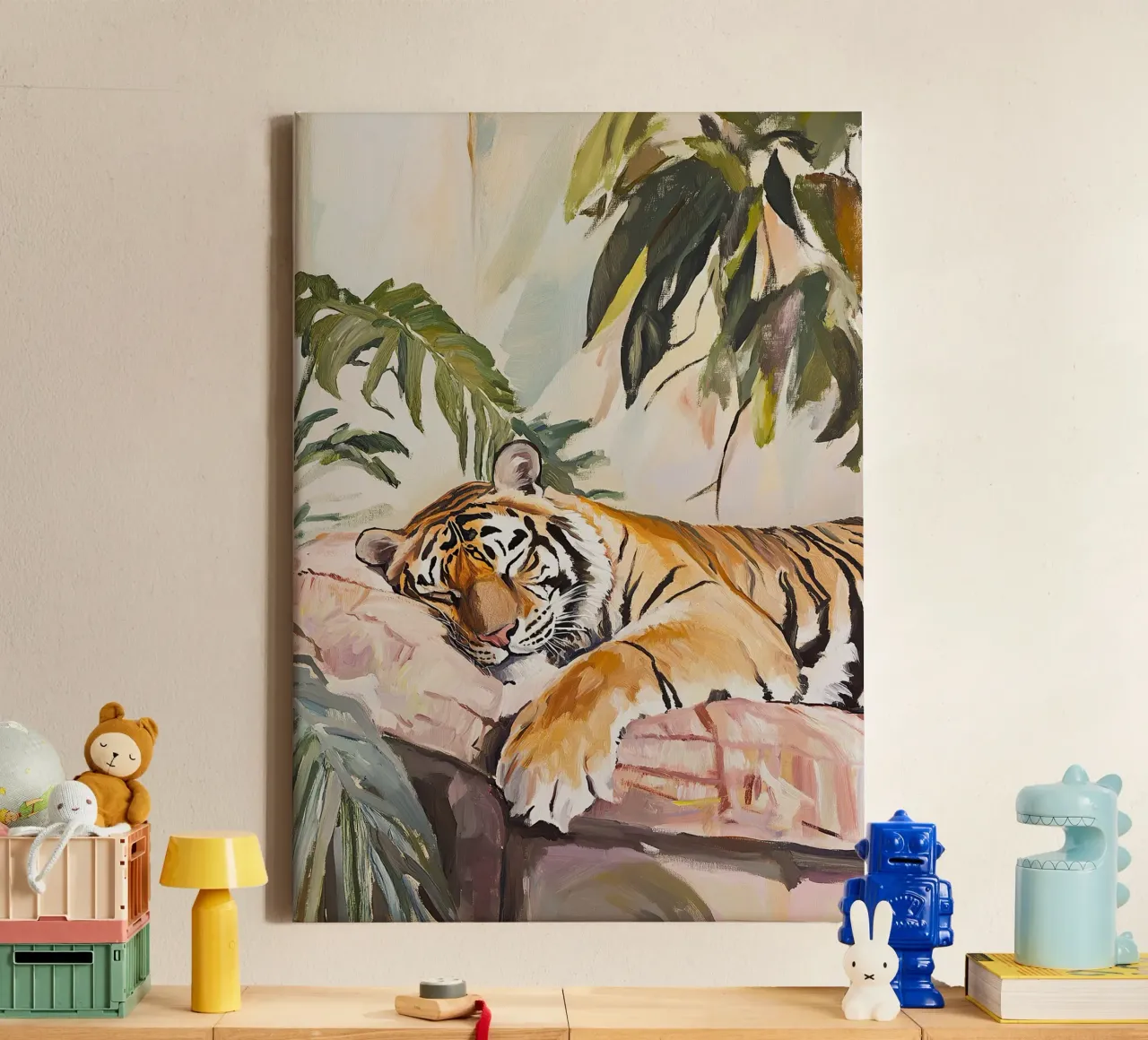 De tijger slaapt canvas met Baklijst van Nikis Art Studio