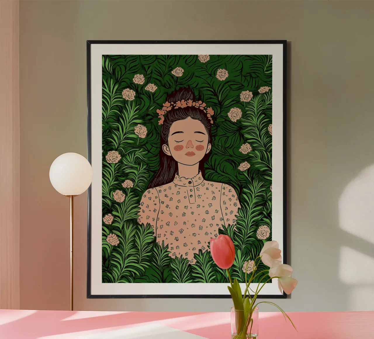 Boho Dromerige Vrouw Botanisch, Rozen, Bladeren & Pastel Bloemen poster van Kaji