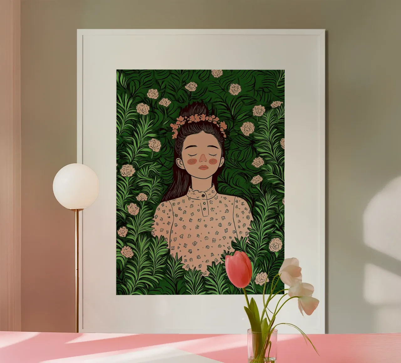 Boho Dromerige Vrouw Botanisch, Rozen, Bladeren & Pastel Bloemen poster van Kaji