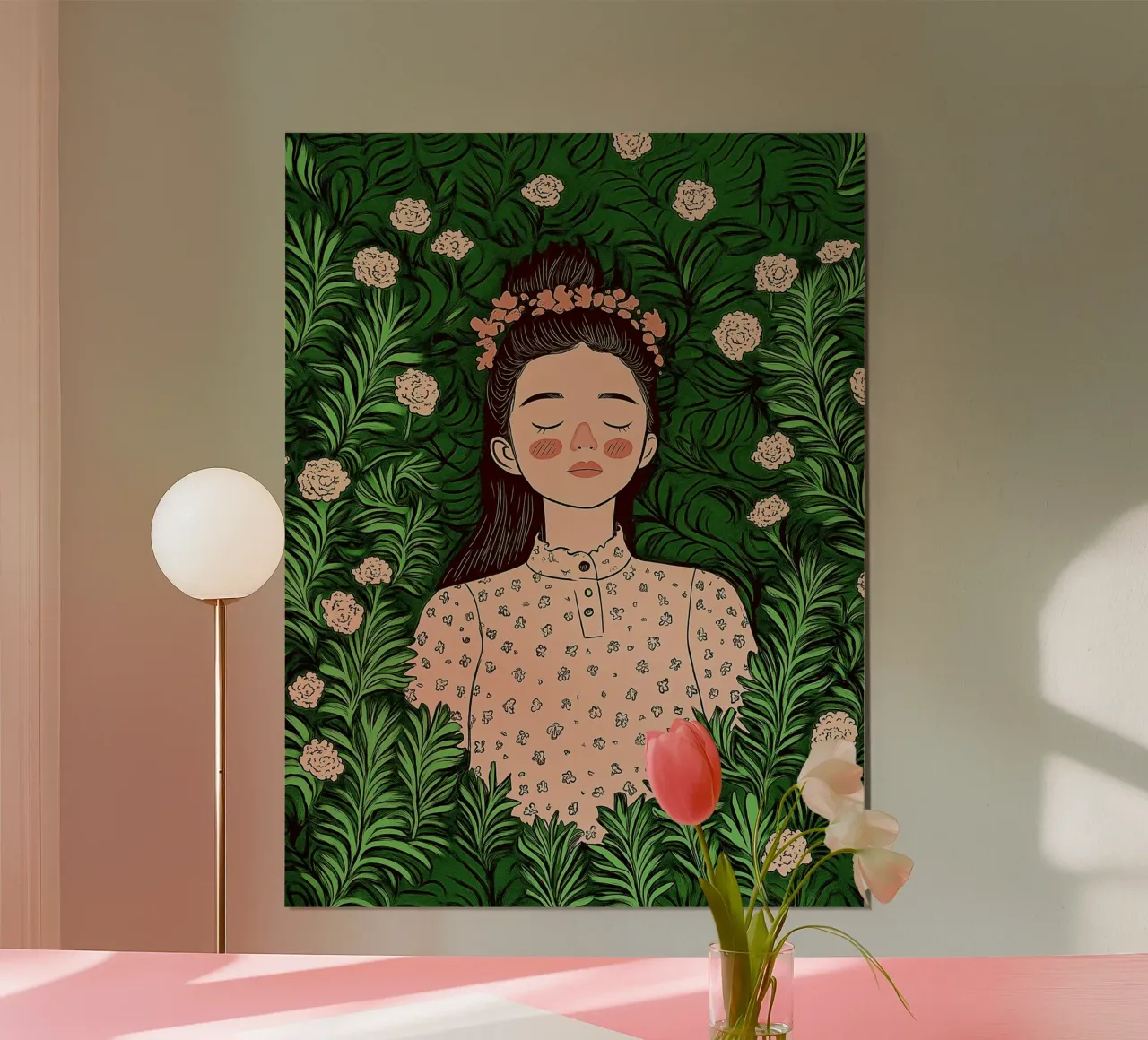 Boho Dromerige Vrouw Botanisch, Rozen, Bladeren & Pastel Bloemen poster van Kaji