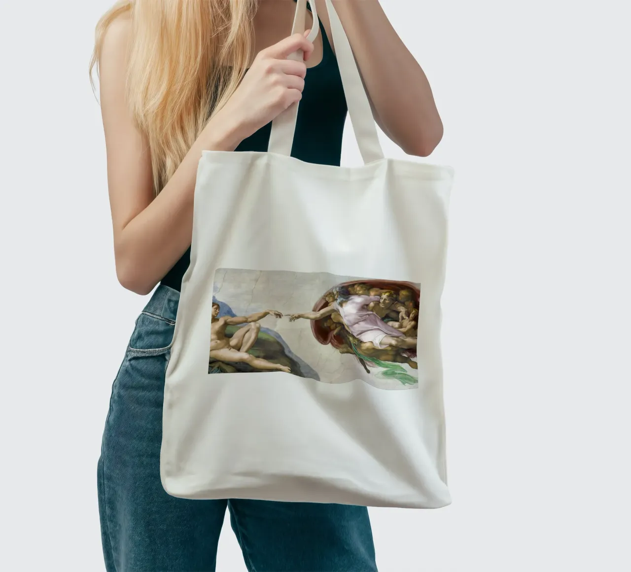 Michelangelo Buonarroti's The Creation of Adam borsa in juta da Venus Art