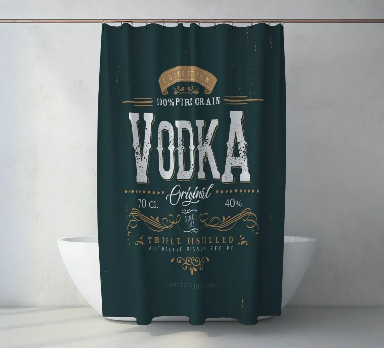 Vintage label Vodka shower curtain by studiopicaprints