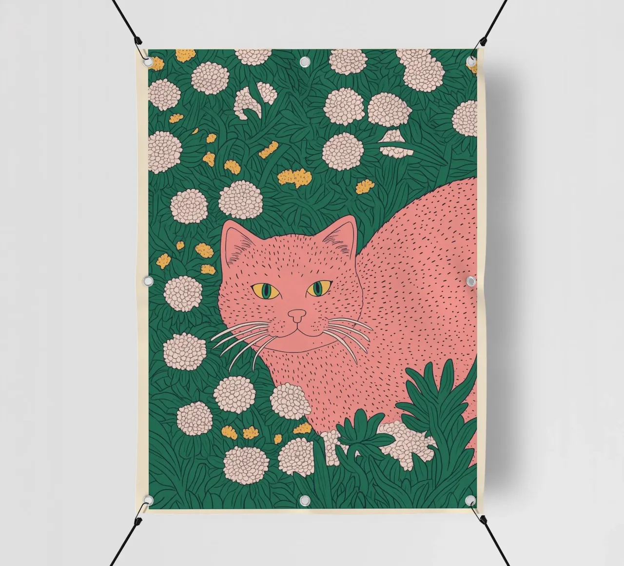 Gatto rosa in giardino floreale Arte botanica giapponese in woodblock telo in pvc da Kaji