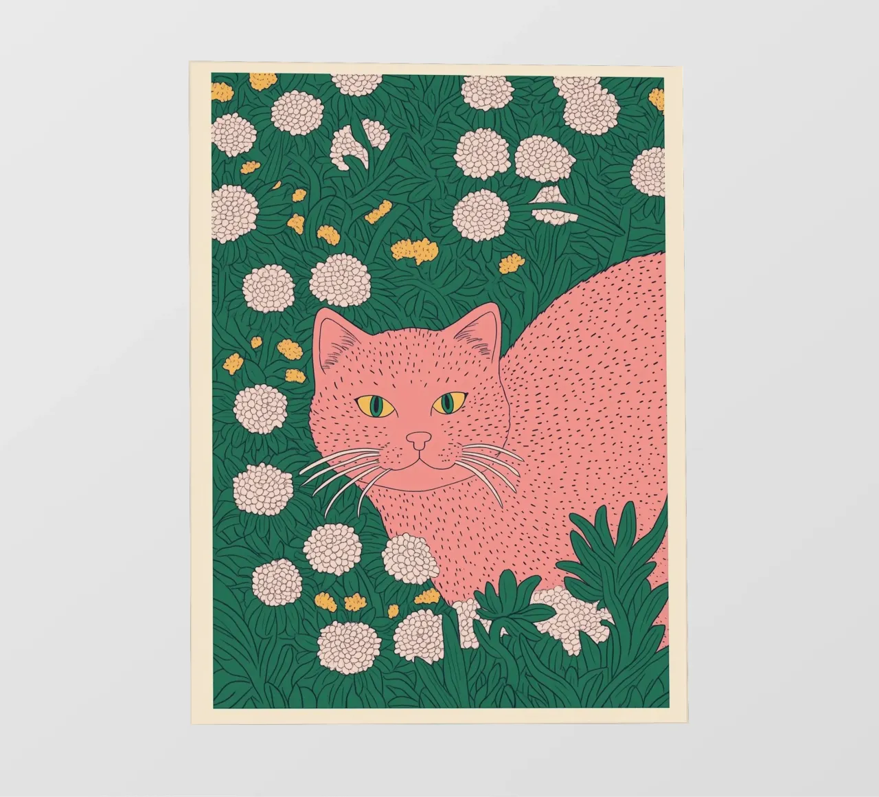 Gatto rosa in giardino floreale Arte botanica giapponese in woodblock telo in pvc da Kaji