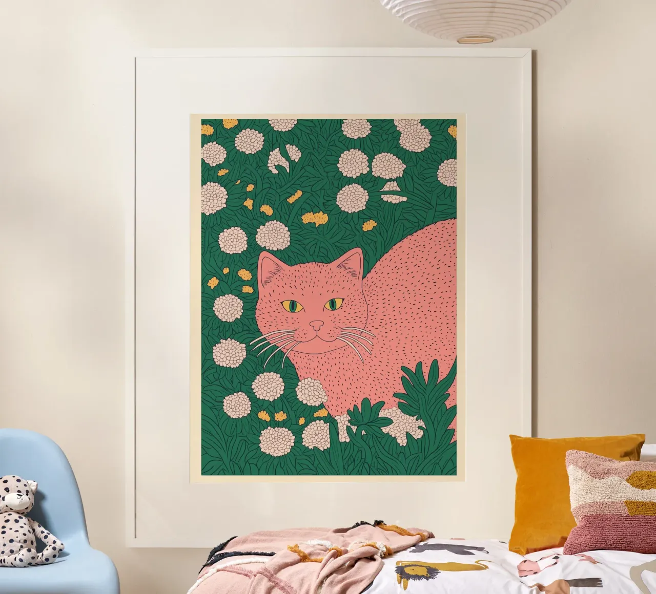Gatto rosa in giardino floreale Arte botanica giapponese in woodblock poster con telaio in plastica da Kaji
