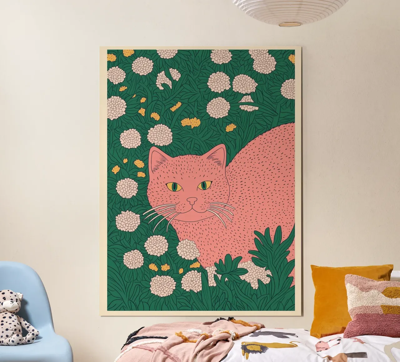 Gatto rosa in giardino floreale Arte botanica giapponese in woodblock poster con telaio in plastica da Kaji