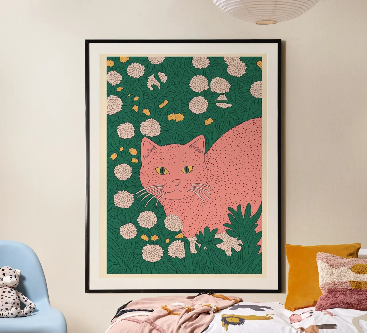 Gatto rosa in giardino floreale Arte botanica giapponese in woodblock poster con telaio in plastica da Kaji