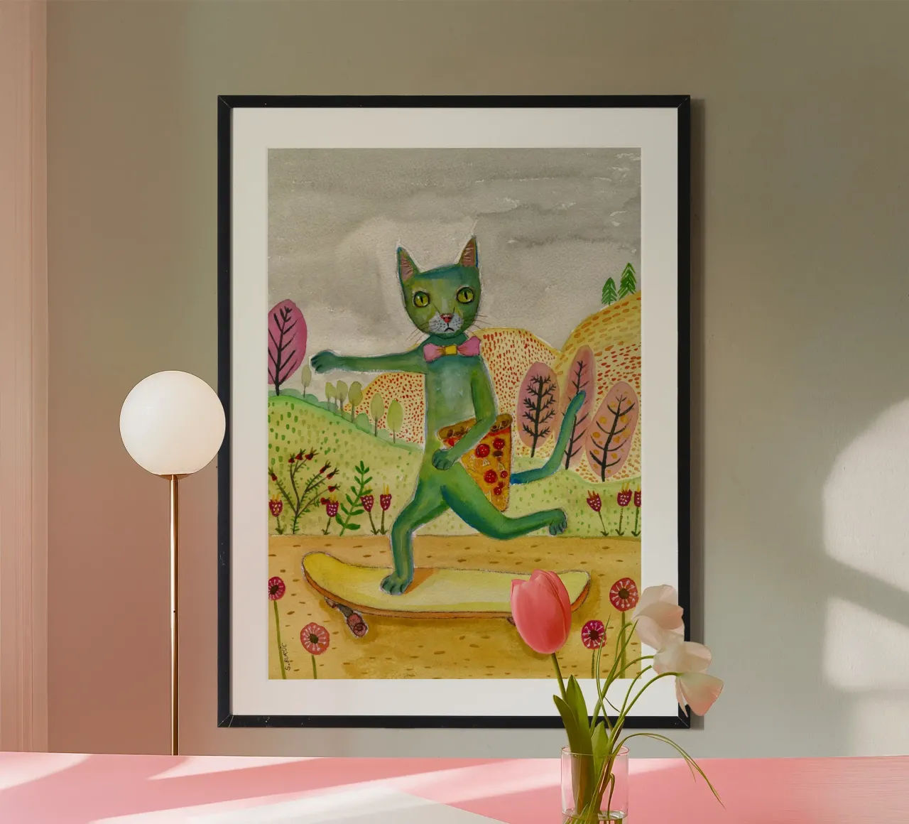 Gatto Venerdì sera Bevande Vino Divertente Umorismo sui gatti poster con telaio in plastica da Pictufy Sun & Spirit