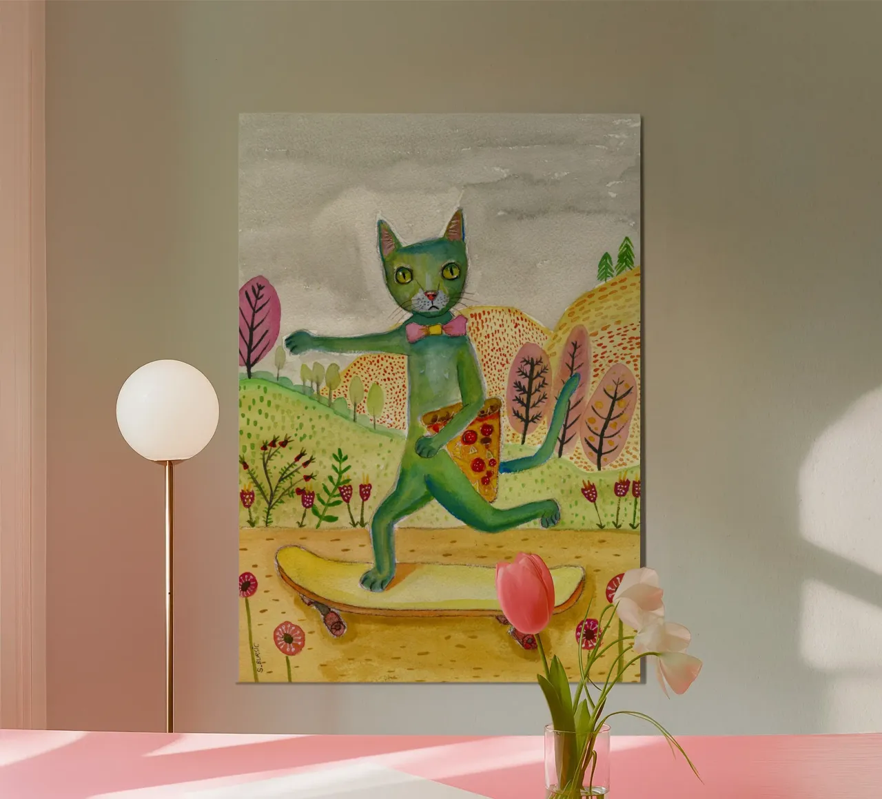Gatto Venerdì sera Bevande Vino Divertente Umorismo sui gatti poster con telaio in plastica da Pictufy Sun & Spirit