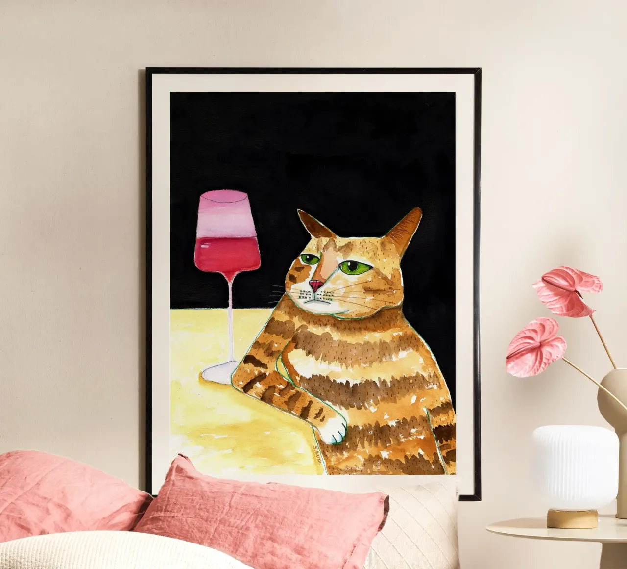 Gatto Venerdì sera Bevande Vino Divertente Umorismo sui gatti poster con telaio in alluminio da Pictufy Sun & Spirit