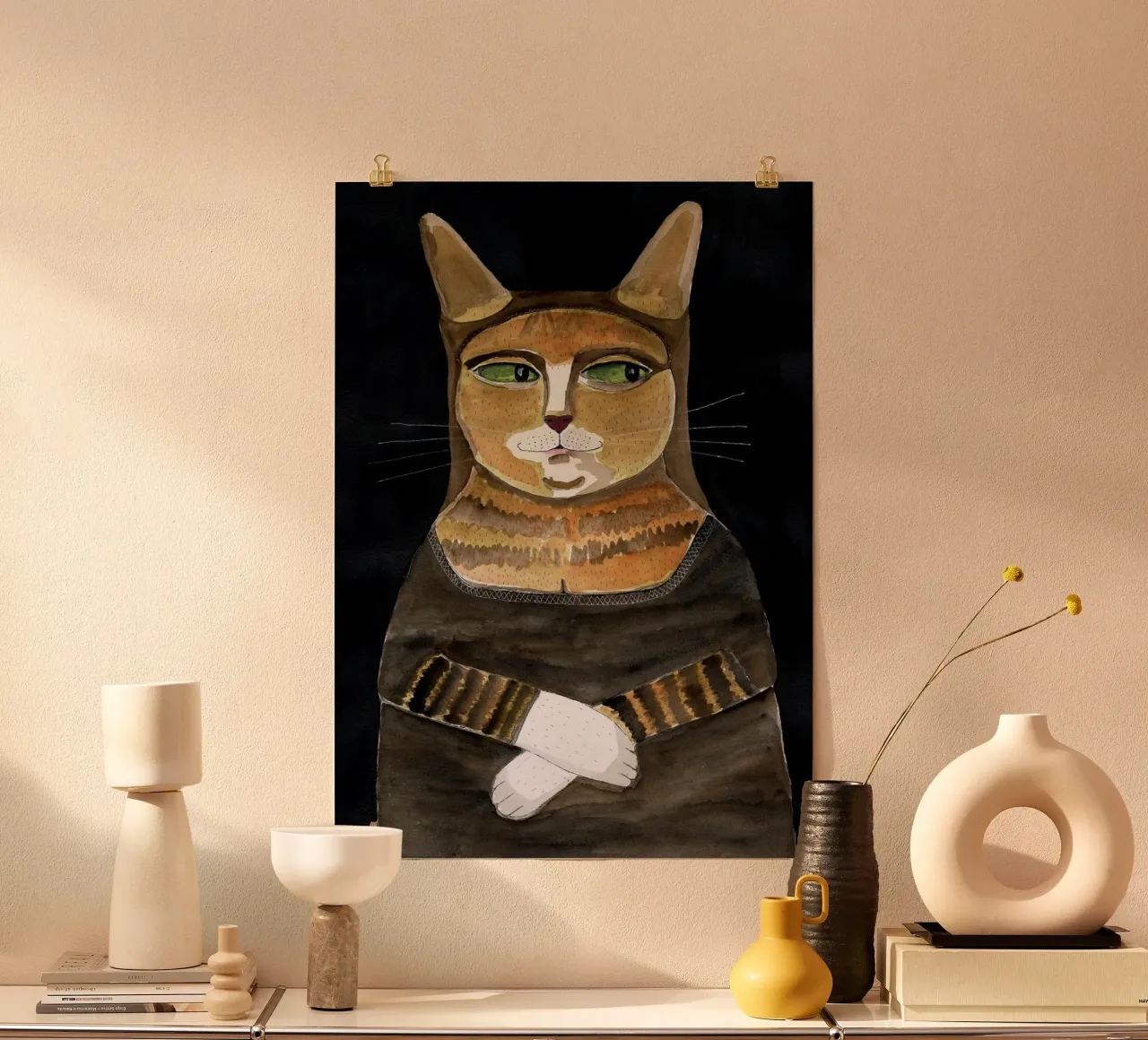 Gatto Monna Lisa Umorismo divertente Gatto arancione zenzero poster con telaio in legno da Pictufy Sun & Spirit